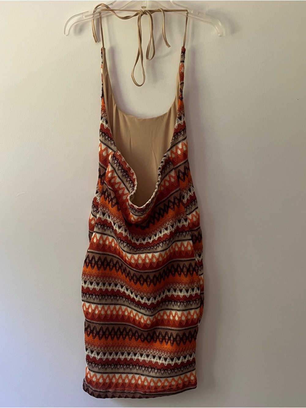 Knit Halter Bodycon Dress Small Brown Orange Zig Zag Scoop Neck Beachy Shein - Picture 4 of 6